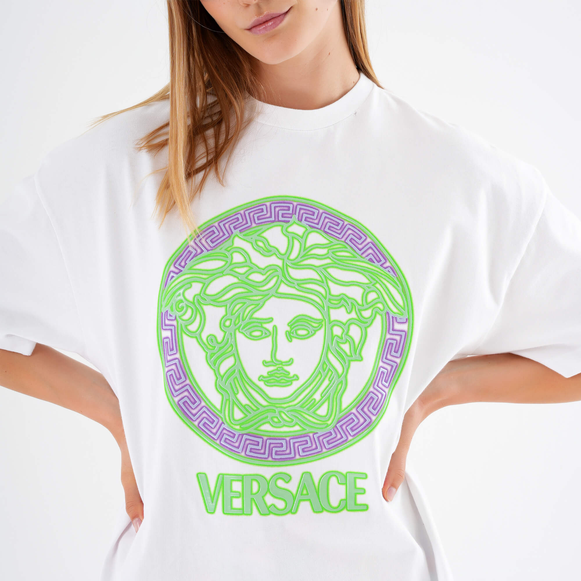 Versace - Oversized White & Green Medusa Head Printed Cotton Tshirt IT38